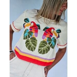 Bluesteel Toucan Embroidered Linen Blend Tropical Boxy Crop Top Petite XP